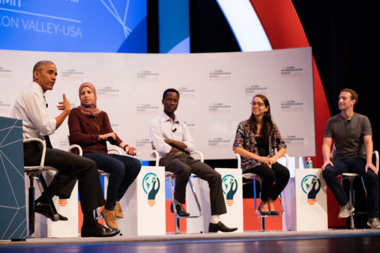 President Obama, three young entrepreneurs and Facebook founder Mark Zuckerberg.