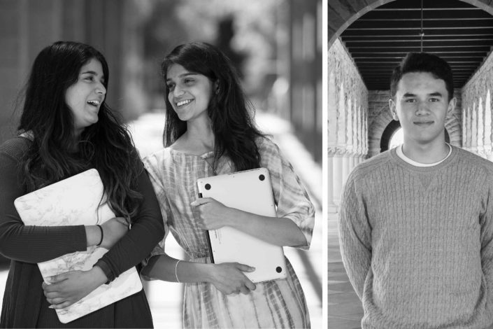 Portraits of Akhila Moturu, Aashna Shroff, and John Kamalu