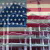 Illustration of an American flag superimposed on construction site.