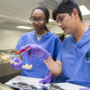 high school students wearing medical scrubs examining a bone