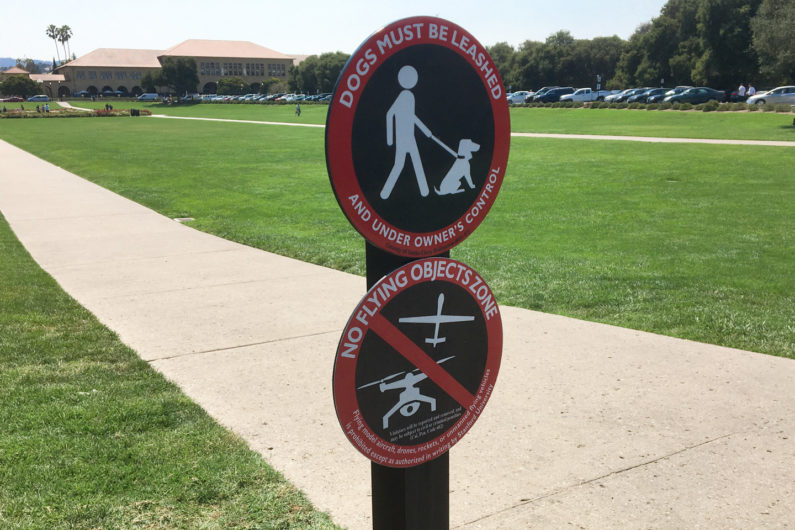 Sign at the campus Oval declaring the area a 'No Flying Objects Zone'