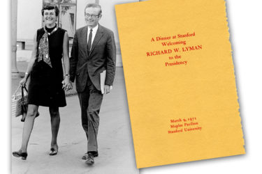 Photo of Jing and Richard Lyman walking hand-in-hand, and dinner program welcoming Lyman to the presidency