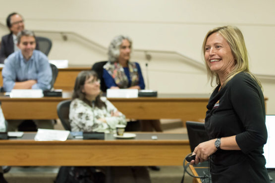 Margot Gerritsen in front of the Faculty Senate