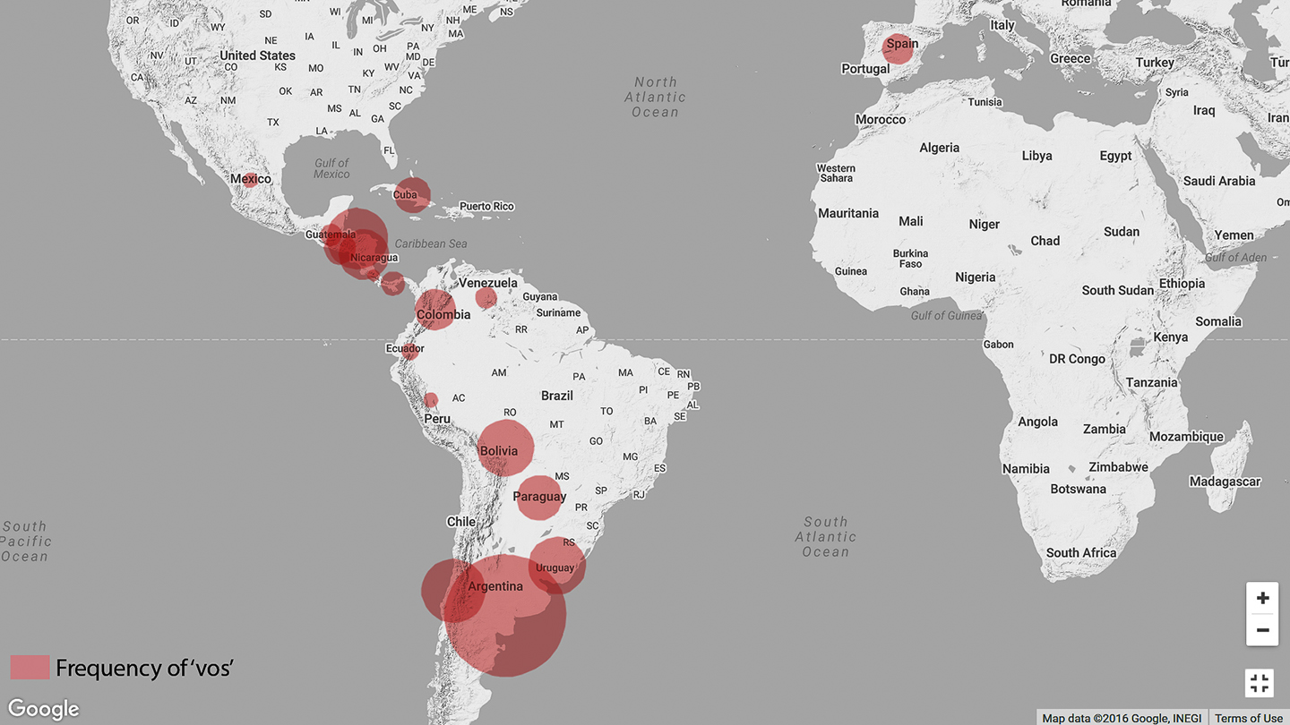 Map showing frequency of the use of the Spanish pronoun 'vos' as opposed to 'tú' in Latin America