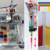 Building a liquid-handling robot: Start with a Lego Mindstorms system (left); add a motorized pipette for dropping fluids (center) and perform simple experiments like showing how liquids of different salt densities can be layered.