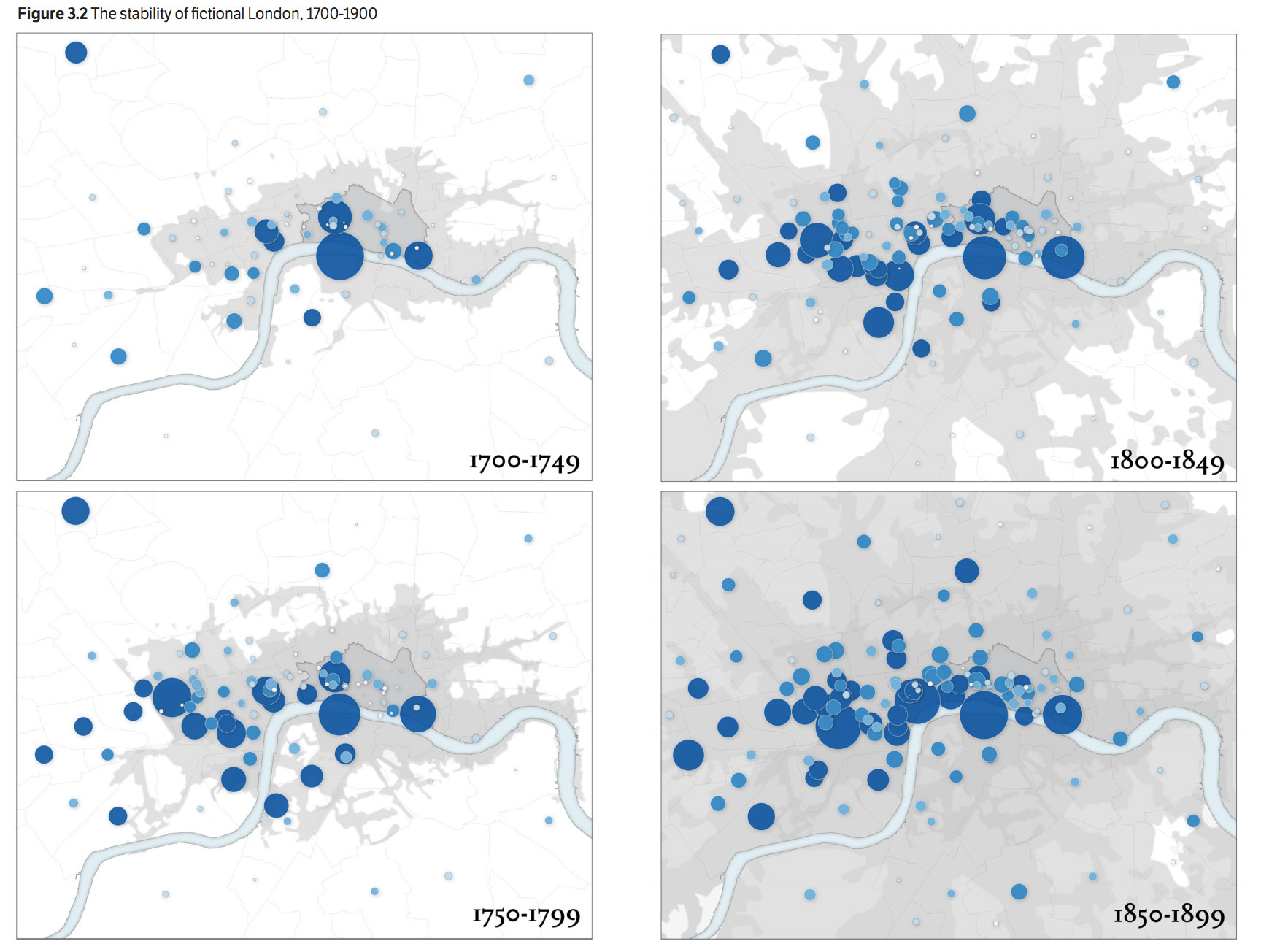 A map of emotions in London from 1700 to 1899. While London’s actual population increased from 600,000 to 4.5 million during this time, the London depicted in literature remained largely the same from 1750 to 1899.