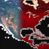 Map of the United States created from Google Earth Engine data showing higher vegetation on the eastern side of the country in red