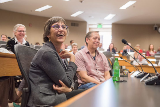 Debra Satz at the Faculty Senate meeting.