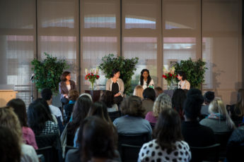 STANFORD, CA - APRIL 19, 2017: The TomKat Center for Sustainable Energy presents Women Entrepreneurs in Sustainability 2017 at Huang Engineering Center. (L-R) Stacey Bent, Director of TomKat Center; Christine Su, PastureMap; Ugwem Eneyo, Solstice; Hedi Razavi, Keewi