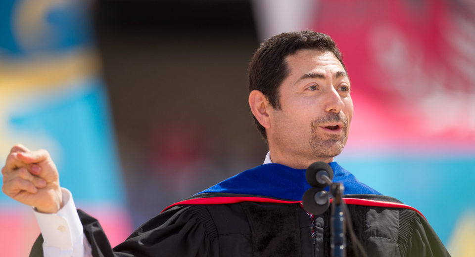 Commencement speaker Mariano-Florentino Cuéllar encouraged the graduates to snap their fingers while he rapped part of his Commencement address.