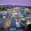 SLAC's research yard at dawn, seen from the radio tower overlook.