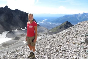 Annalisa overlooking the glacial cirque at the Jumbo Mine.