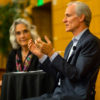 Persis Drell and Marc Tessier-Lavigne at Q&A with Stanford community on Oct. 4, 2017