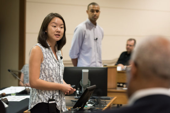 Vicki Niu and Justice Tention of the Associated Students of Stanford University speaking at 10/27/17 Faculty Senate meeting.