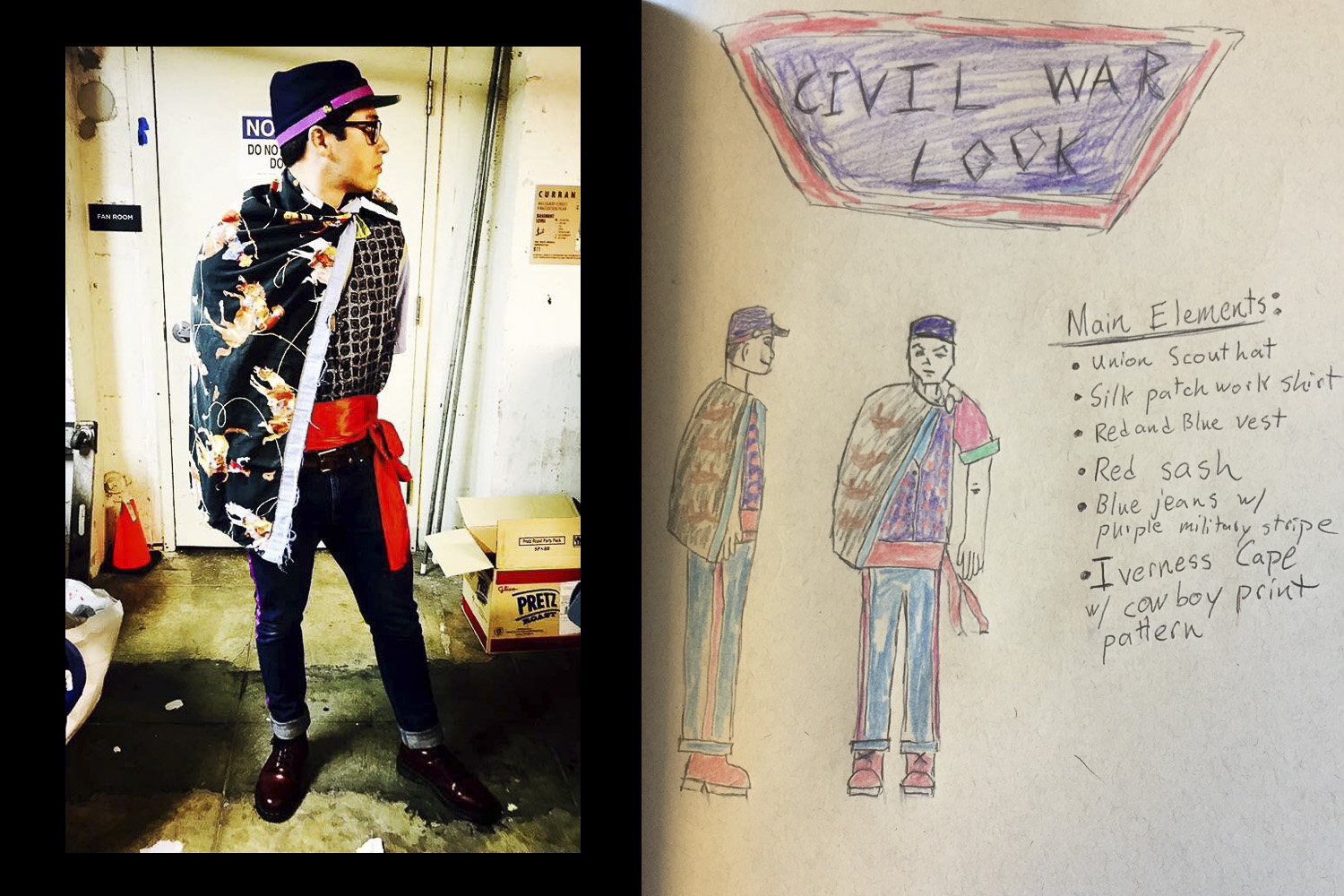 Undergraduate Sam Sagan with his sketch and finished costume inspired by military uniforms of the Civil War.