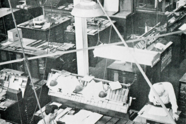 A 1959 photo shows Stanford University Press employees work on composing.