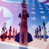 North Korean and American flags and missiles.