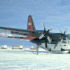 An American military C-130 cargo plane converted for Antarctic radar surveys at Williams Field in Antarctica’s McMurdo Sound.