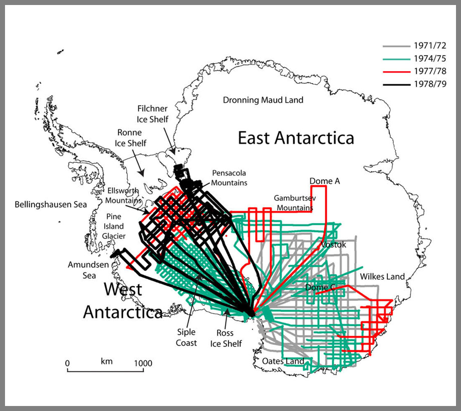 Flight maps of Antarctic radar surveys conducted in the late 1960s and 1970s by an international consortium of scientists. 