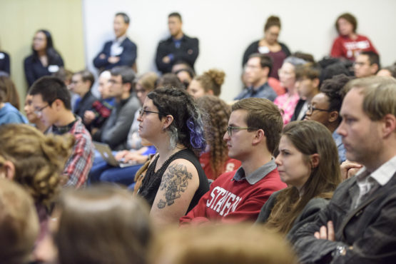 Students in the audience of the town hall.