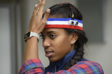 Course development assistant, Tyler Cloyd, tests the Haptic Headband, a wearable assistive tecnology for the visually impared.