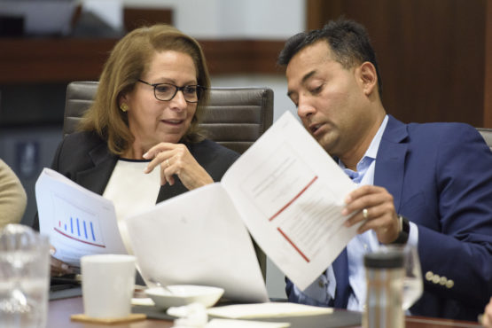 Trustees Gail B. Harris and Dipanjan "DJ" Deb discuss admissions matters at the fall meeting of the Board of Trustees.