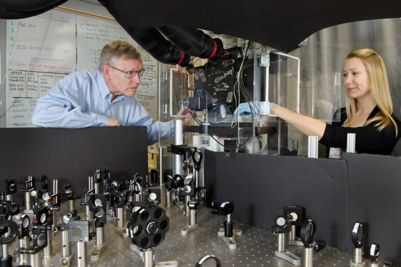 Professor W. E. Moerner, left, and post doctoral scholar Anna-Karin Gustavsson