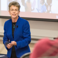 Patricia Gumport, vice provost for graduate education, addresses the Faculty Senate on April 12, 2018