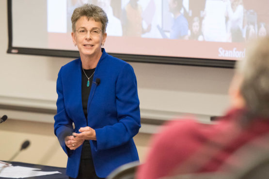 Patricia Gumport, vice provost for graduate education, addresses the Faculty Senate on April 12, 2018