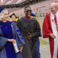 Persis Drell, left, Sterling K. Brown and Marc Tessier-Lavigne