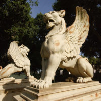 Griffin statues before they were placed in Ford Plaza in 2004.