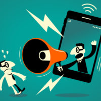 cartoon of a character yelling with a megaphone from a cell phone at another cartoon character