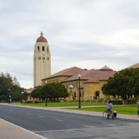 a view of Serra Mall toward Hoover Tower from near top of Oval