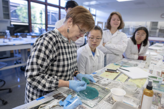 Lecturer Sara Loesch-Frank mixes in ground minerals