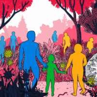 artists rendering of human silhouettes in a landscape with representations of viruses and DNA helixes