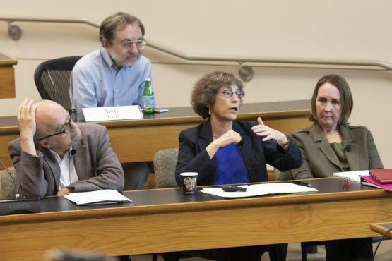 Debra Satz speaking with others around her listening