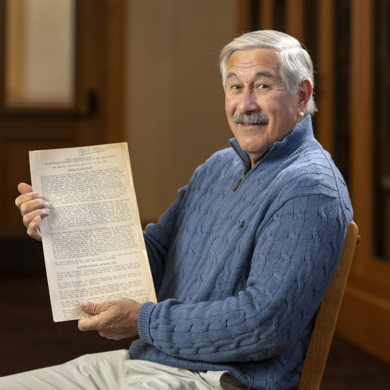 Al Camarillo with the 1939 minutes of the first national meeting of the first pan-Latino civil rights organization in the United States