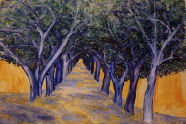 Boulevard with blue trees on either side and an orange-yellow background