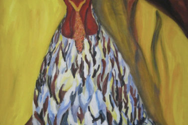 Hands holding a chicken with an open beak against a yellow and brown background