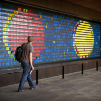 8/8/2011 Peter Wegner, ''Monument to Change as It Changes,'' 108 in. x 384 in., steel and polycarbonate, 2,048 flip digit modules each with 80 custom-printed colored flaps, permanently installed at the Knight Management Center, Stanford University, Palo Alto CA. Credit: Linda A. Cicero / Stanford News Service