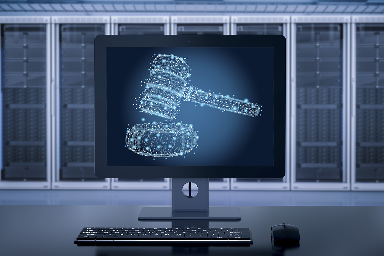 Internet law concept with 3D rendering on computer monitor displaying a judge's gavel