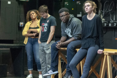 Actors Sequoiah Hippolyte (Paulina), Tyler Miller (Dorn), Charles L. Wattley III (Trigorin) and Fiona Maguire (Arkadina) at rehearsal.