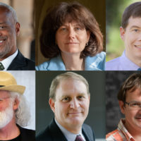 Stanford faculty members newly elected to the American Academy of Arts and Sciences are, from left, top row: Harry J. Elam Jr, Judith L. Goldstein and Charles I. Jones; bottom row, Roy Pea, Nathaniel Persily and Andras Vasy.