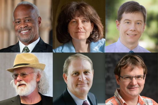 Stanford faculty members newly elected to the American Academy of Arts and Sciences are, from left, top row: Harry J. Elam Jr, Judith L. Goldstein and Charles I. Jones; bottom row, Roy Pea, Nathaniel Persily and Andras Vasy.