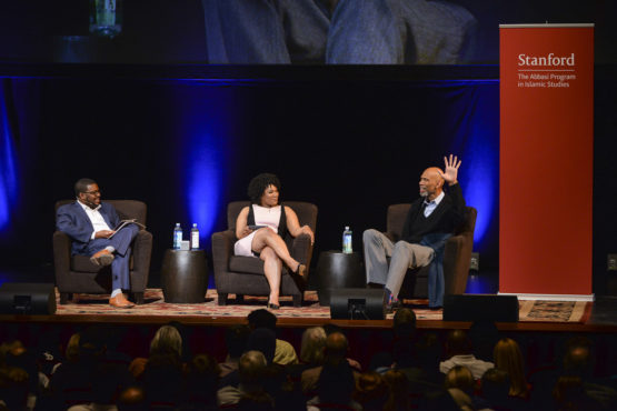 Jefferson, Morgan and Abdul-Jabbar on stage.