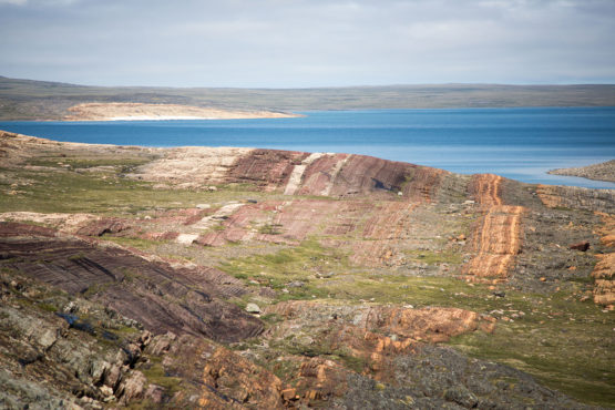 Drone photo of deformed Costello formation in Belcher Islands, Canada