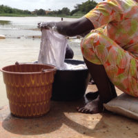 A woman washes clothes in the Senegal River.