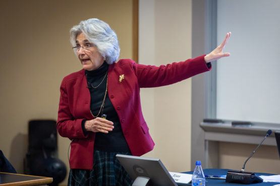 Persis Drell talking to Senate while gesturing