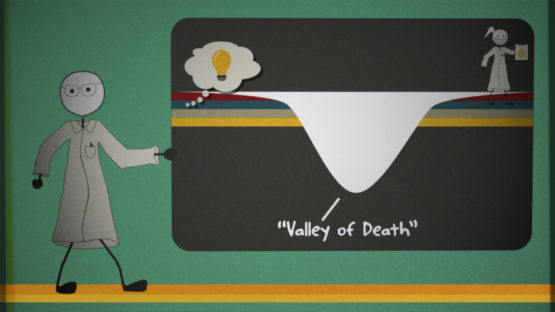 Cartoon scientist showing the valley of death