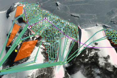 Colorful virtual lines on overlaying an image of snowy Antarctic coastline